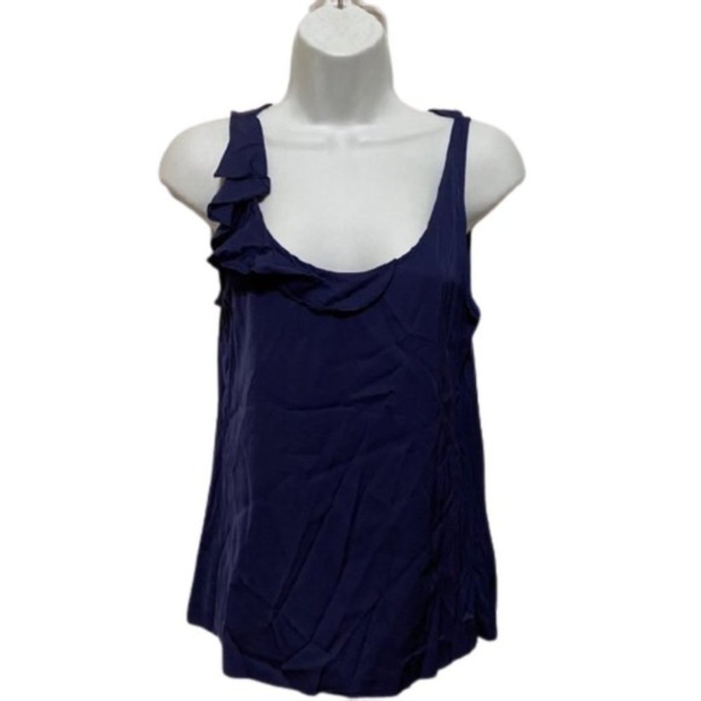 Theory Navy Silk Asymmetric Ruffle Neck Blouse Tank Size Small